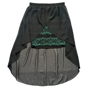 Solar Collection Women’s Size Medium Black Teal Lace Chiffon Mini High Low Skirt